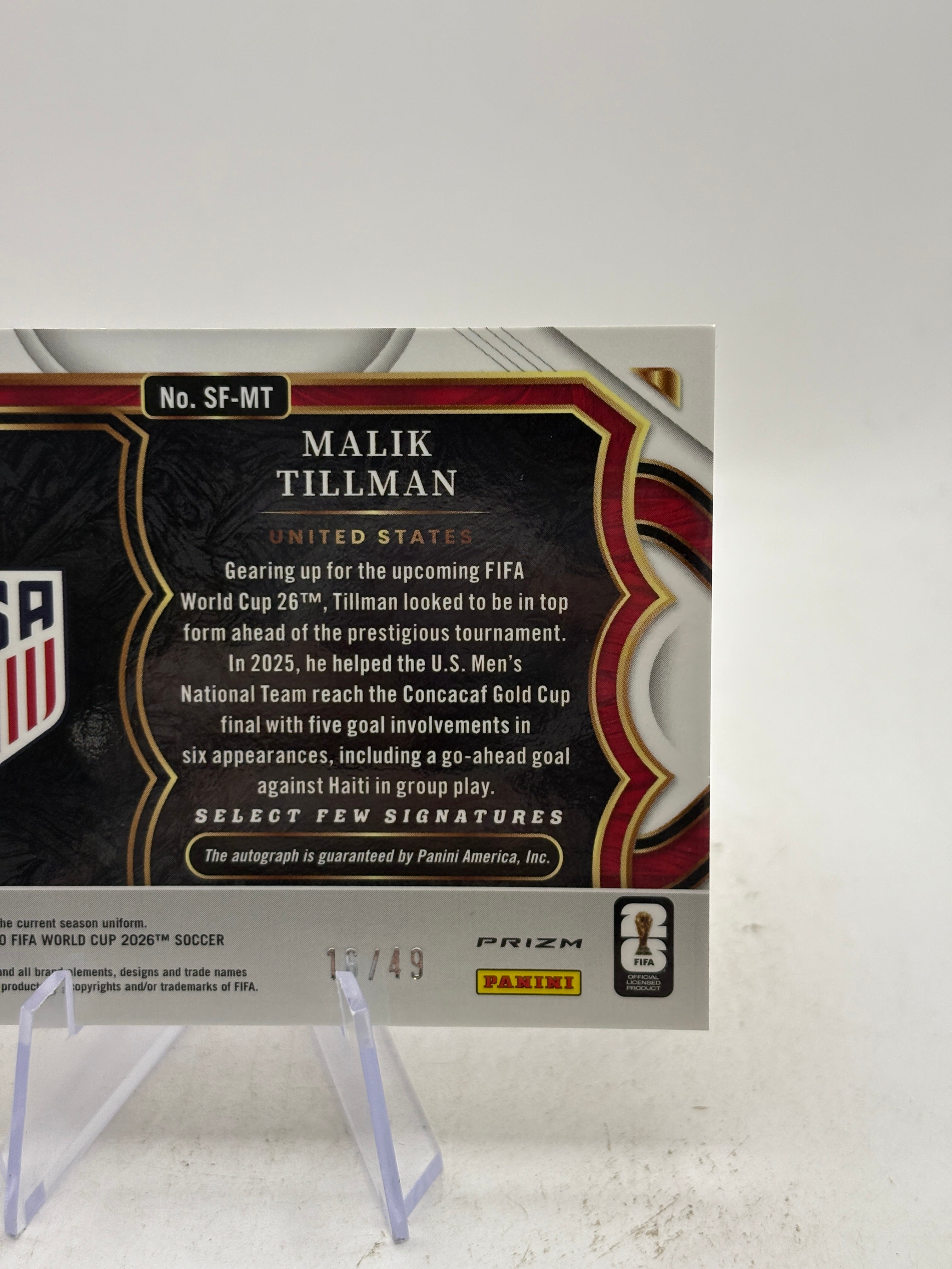 2025-26 MALIK TILLMAN /49 AUTO PANINI SELECT ROAD TO FIFA WORLD CUP PURPLE